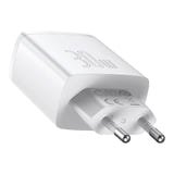 Baseus Compact Quick Charger - Chargeur secteur 30 W 2 USB-A et USB-C (blanc) : boîtier compact du chargeur en polycarbonate