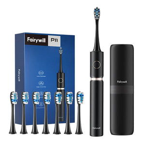 FairyWill - Brosse à dents sonique, 8 têtes et étui (noire)