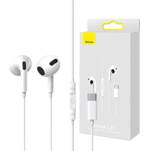 Baseus Encok C17 - Écouteurs filaires USB-C (blancs) : écouteurs Baseus Encok C17 blancs, vue d'ensemble