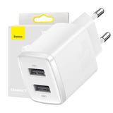 Baseus Compact Charger 2U - Chargeur secteur 2 ports USB 10,5 W (blanc) : chargeur secteur Baseus blanc vu de face