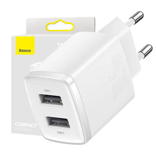 Baseus Compact Charger 2U - Chargeur secteur 2 ports USB 10,5 W (blanc) : chargeur secteur Baseus blanc vu de face