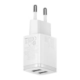 Baseus Compact Charger 2U - Chargeur secteur 2 ports USB 10,5 W (blanc) : broches et entrée secteur 100-240 V