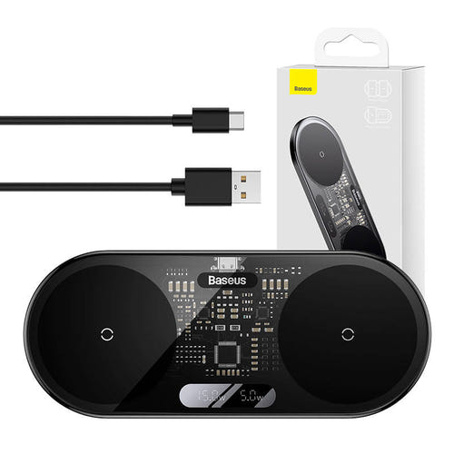 Baseus Digital LED Display - Chargeur à induction double Qi 20 W (noir) : chargeur à induction Baseus noir vu de dessus