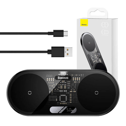 Baseus Digital LED Display - Chargeur à induction double Qi 20 W (noir) : chargeur à induction Baseus noir vu de dessus