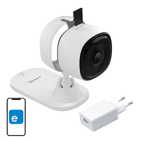 Sonoff S-CAM - Caméra IP Wi-Fi 1080p avec audio bidirectionnel (blanche) : vue d'ensemble de la caméra Sonoff S-CAM blanche