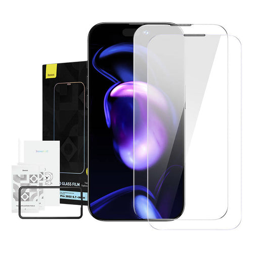 Baseus Crystal - Verre trempé anti-poussière 0,3 mm pour iPhone 14 Pro Max (lot de 2) : verre trempé Baseus Crystal pour iPhone 14 Pro Max