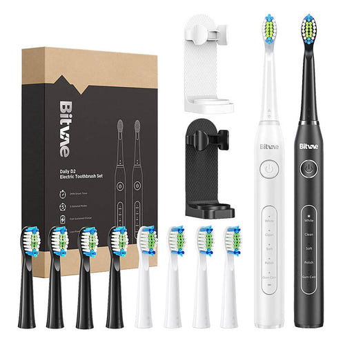 Bitvae D2 - Duo de brosses à dents soniques avec 8 têtes (blanche et noire) : coffret Bitvae D2 avec brosses blanche et noire