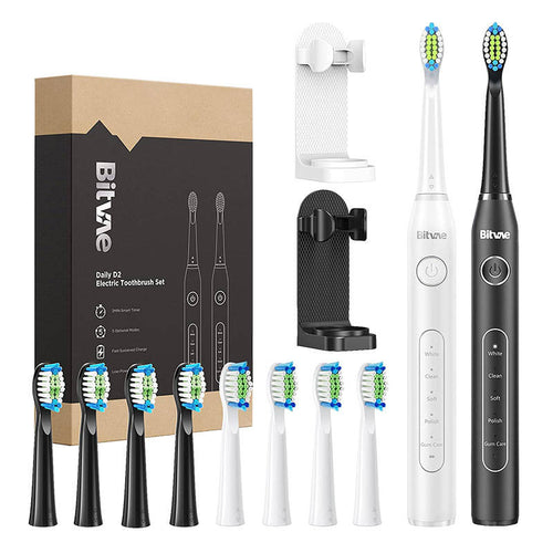 Bitvae D2 - Duo de brosses à dents soniques avec 8 têtes (blanche et noire) : coffret Bitvae D2 avec brosses blanche et noire
