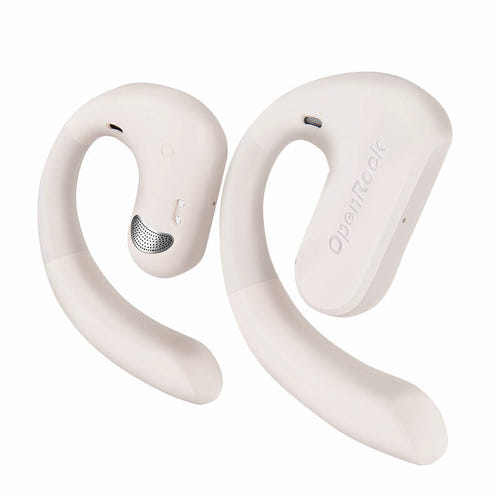 OneOdio OpenRock S - Écouteurs sans fil à conduction ouverte (crème) : crochets en silicone et boîtier de charge