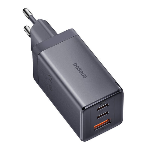 Baseus GaN5 - Chargeur secteur 65 W, 2 USB-C + USB, câble 1 m (gris) : vue d'ensemble du chargeur gris
