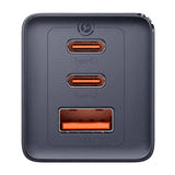 Baseus GaN5 - Chargeur secteur 65 W, 2 USB-C + USB, câble 1 m (gris) : chargeur branché sur une prise murale