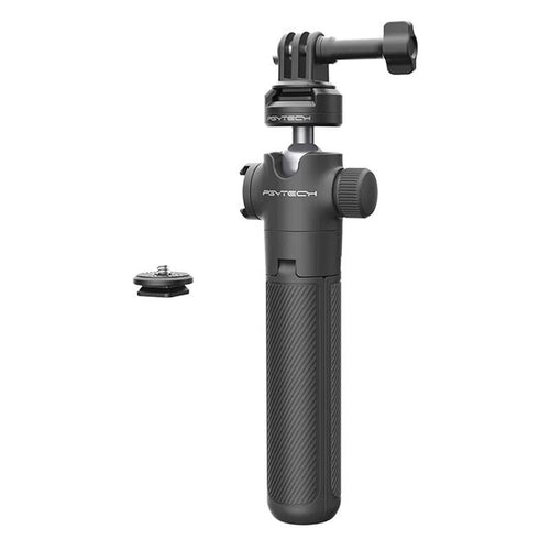 PGYTECH P-GM-218 - Trépied et perche pour caméra d'action (noir) : trépied noir déplié avec une caméra d'action