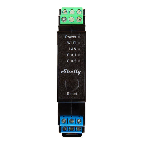 Shelly Pro 2PM - Relais rail DIN 2 canaux avec mesure de consommation : relais Shelly Pro 2PM sur rail DIN