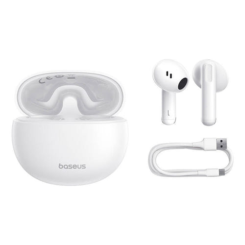Baseus Bowie E12 - Écouteurs sans fil Bluetooth 5.3, 30 h (blancs) : boîtier de charge et port USB-C