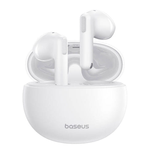 Baseus Bowie E12 - Écouteurs sans fil Bluetooth 5.3, 30 h (blancs) : transducteurs de 12 mm et courbure à 45°