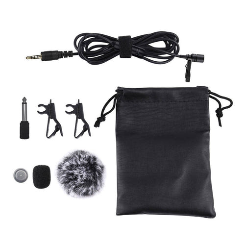 Puluz PU427 - Microphone cravate jack 3,5 mm, câble de 6 m : bonnettes, pinces et étui de transport fournis
