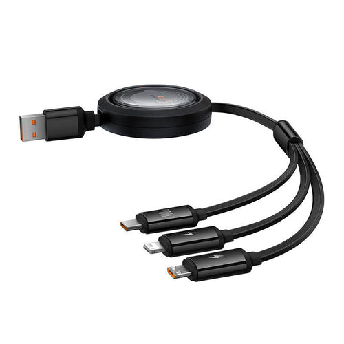 Baseus Free2Draw - Câble 3 en 1 rétractable 100 W, 1,1 m (noir) : les trois connecteurs USB-C, Lightning et micro USB