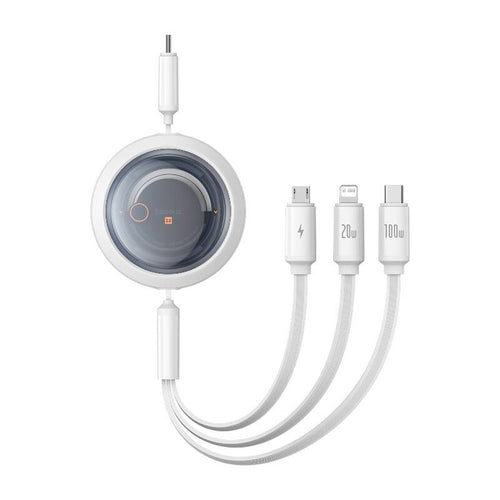 Baseus Free2Draw - Câble 3 en 1 USB-C, Lightning et micro USB 100 W (blanc) : câble 3 en 1 Baseus Free2Draw blanc enroulé
