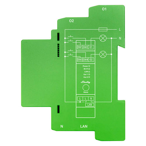 Shelly Pro Dimmer 2 - Variateur connecté rail DIN 2 canaux : façade du module deux canaux