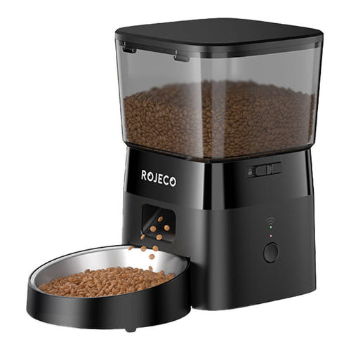 Rojeco - Distributeur de croquettes 2 L connecté Wi-Fi (noir) : réservoir transparent et gamelle en inox