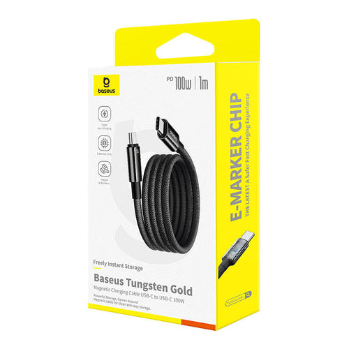 Baseus Tungsten Gold - Câble USB-C vers USB-C 100 W, 1 m (noir) : aimants intégrés qui maintiennent la boucle