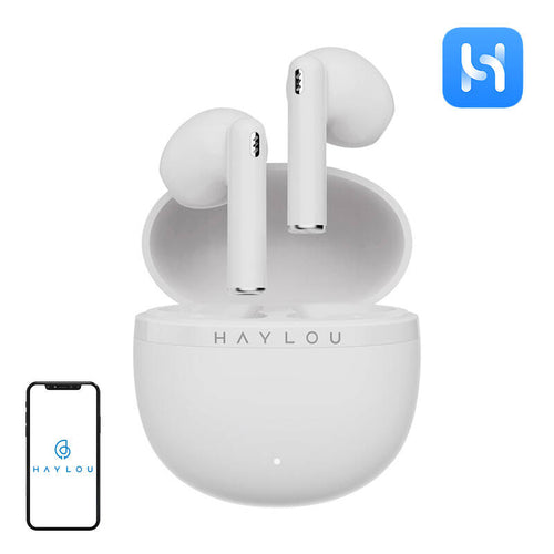 Haylou X1 Plus - Écouteurs sans fil Bluetooth 5.4, 12 mm (blancs) : écouteurs sans fil Haylou X1 Plus blancs et leur boîtier