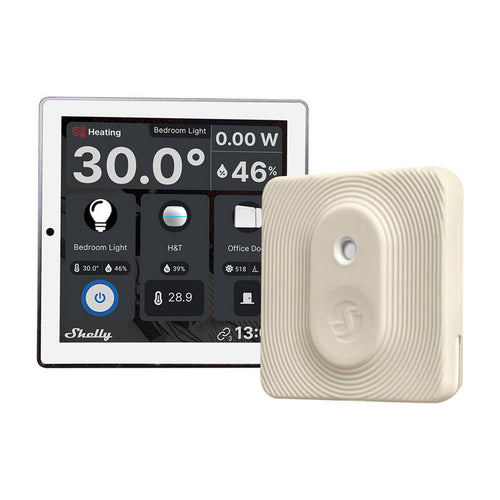 Shelly Wall Display - Panneau domotique 4 pouces et capteur BLU H&T (blanc) : panneau de contrôle Shelly Wall Display blanc au mur