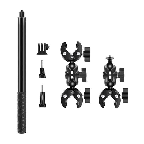 Puluz PU496B - Fixation moto et vélo avec perche télescopique 150 cm : colliers de serrage montés sur un guidon