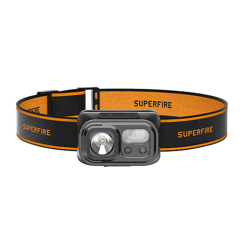 Superfire HL23-S - Lampe frontale 350 lm à capteur de mouvement (noir) : lampe frontale Superfire HL23-S noire sur son bandeau
