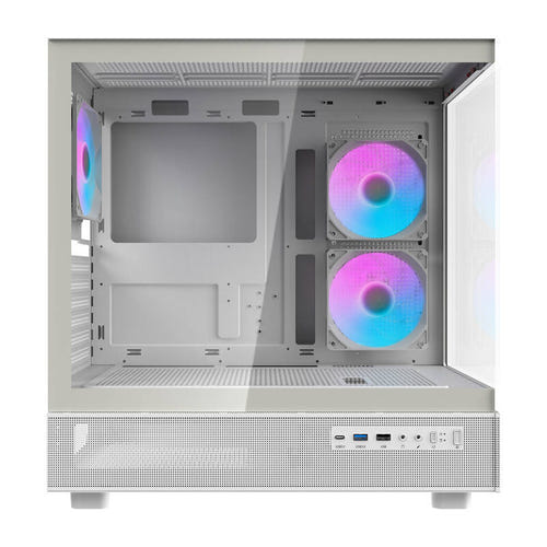 darkFlash DPX90 - Boîtier PC moyenne tour panoramique avec 3 ventilateurs ARGB (blanc) : vue panoramique à 270 degrés du DPX90