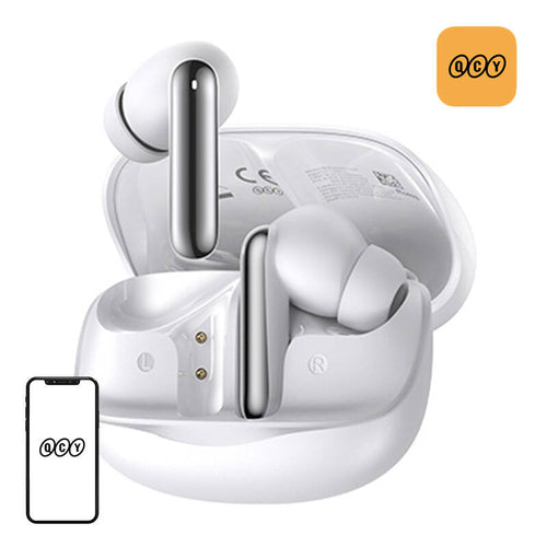 QCY MeloBuds HT12 - Écouteurs sans fil à réduction de bruit -45 dB (blancs) : écouteurs QCY MeloBuds HT12 blancs et leur boîtier
