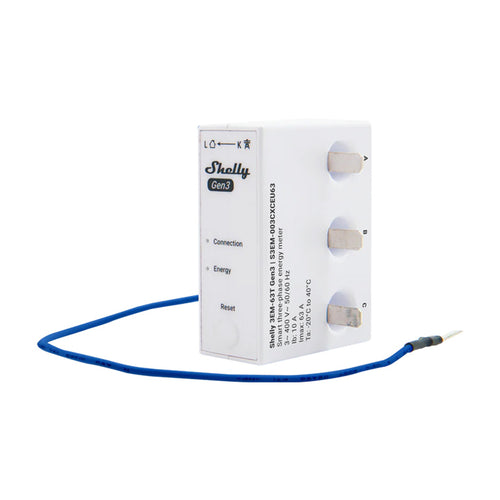 Shelly 3EM-63T Gen3 - Compteur d'énergie Wi-Fi 1/3 canaux à bornes plates : compteur d'énergie Shelly 3EM-63T Gen3 blanc