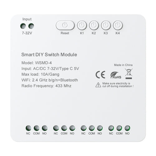 Avatto WSMD-4 32V - Module interrupteur DIY 4 canaux Wi-Fi et Bluetooth : borniers à vis et boutons de commande des canaux