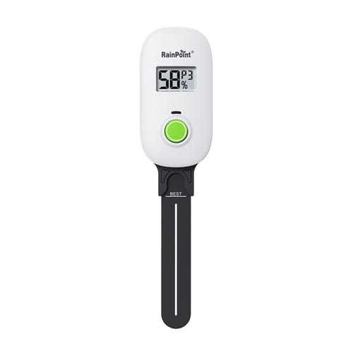 RainPoint - Capteur d'humidité du sol connecté Wi-Fi : sonde plantée dans un pot et relevé affiché