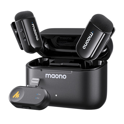 Maono WM622 PB2 - Micro-cravate sans fil pour iPhone et iPad (2 émetteurs) : récepteur Lightning certifié MFi branché sur un iPhone