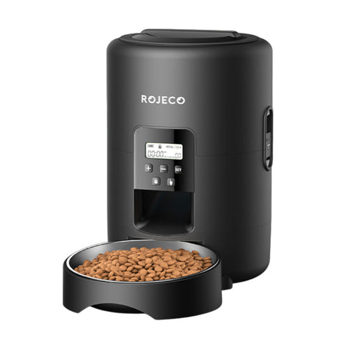 Rojeco 2 L - Distributeur automatique de croquettes à écran LED (noir) : écran LED et boutons de programmation des repas