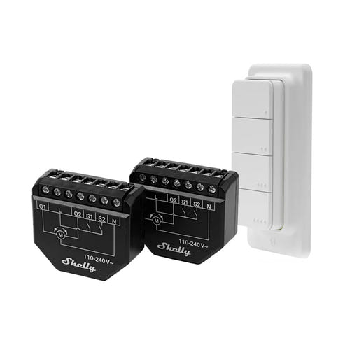 Shelly Shutter - Lot de 2 modules volets Wi-Fi et télécommande BLU RC Button 4 : module encastré derrière l'interrupteur de volet