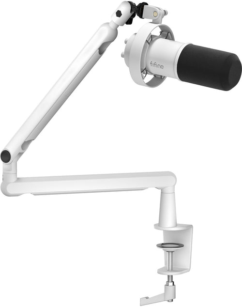 Fifine T688W - Microphone dynamique USB-C et XLR avec bras (blanc) : microphone Fifine T688W blanc sur son bras BM88