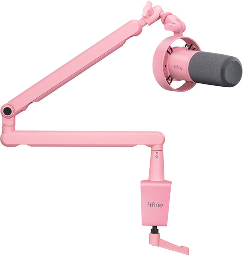 Fifine T688P - Microphone dynamique USB-C et XLR avec bras (rose) : microphone Fifine T688P rose sur son bras BM88