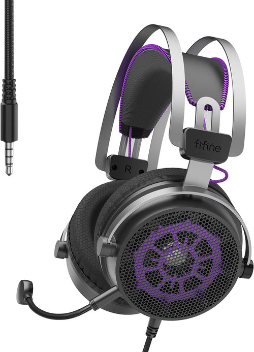 Fifine H18 - Casque gaming filaire 53 mm avec micro détachable (noir) : boîtier de commande sur le cordon du Fifine H18