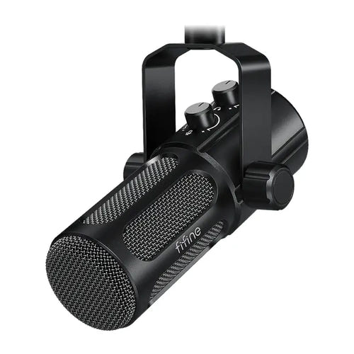 Fifine Tank6 - Microphone dynamique métal USB-C et XLR (noir) : façade de commandes du Fifine Tank6 avec témoin lumineux