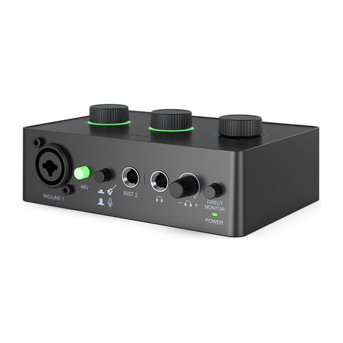 Fifine Ampli 1 - Interface audio USB-C, alimentation fantôme 48 V (noir) : molettes et témoins de niveau de l'Ampli 1
