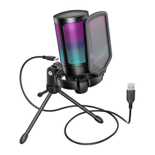 Fifine A6V - Microphone à condensateur USB-C RGB (noir) : éclairage RGB du Fifine A6V