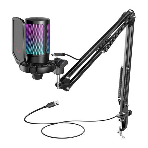 Fifine A6T - Microphone à condensateur USB-C avec bras articulé (noir) : microphone Fifine A6T noir monté sur son bras articulé