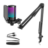 Fifine A6T - Microphone à condensateur USB-C avec bras articulé (noir) : filtre anti-pop et éclairage RGB du Fifine A6T