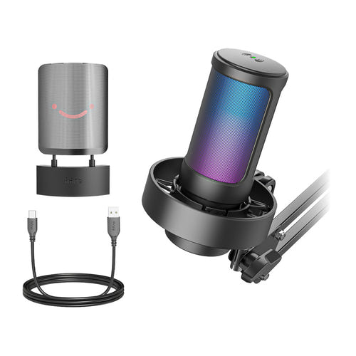 Fifine A8T AmpliGame - Microphone à condensateur avec bras métal (noir) : éclairage RGB du Fifine A8T sur un poste de jeu