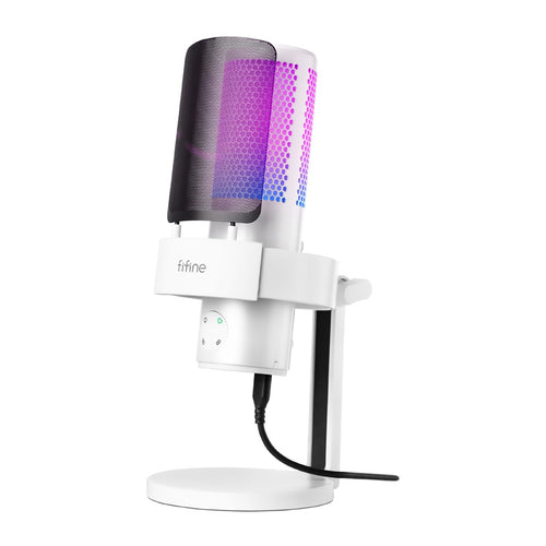 Fifine A9W - Microphone studio USB 4 directivités avec pied (blanc) : microphone studio Fifine A9W blanc sur son pied de bureau