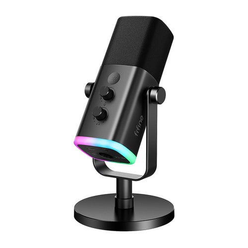 Fifine AM8 - Microphone dynamique USB et XLR avec pied (noir) : microphone dynamique Fifine AM8 noir sur son pied de bureau