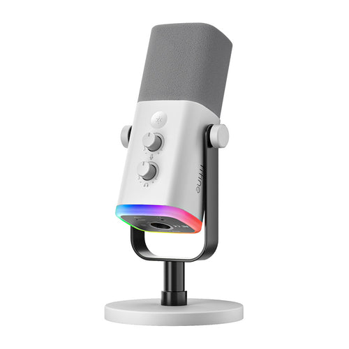 Fifine AM8W - Microphone dynamique USB et XLR avec pied (blanc) : microphone dynamique Fifine AM8W blanc sur son pied de bureau