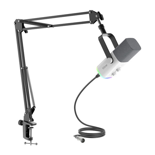 Fifine AM8TW - Microphone dynamique USB et XLR avec bras BM63 (blanc) : éclairage RGB de la base du Fifine AM8TW